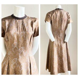 Vintage Paisley Print Beige Blue Earthtones Short Sleeve Fit and FLare Dress S